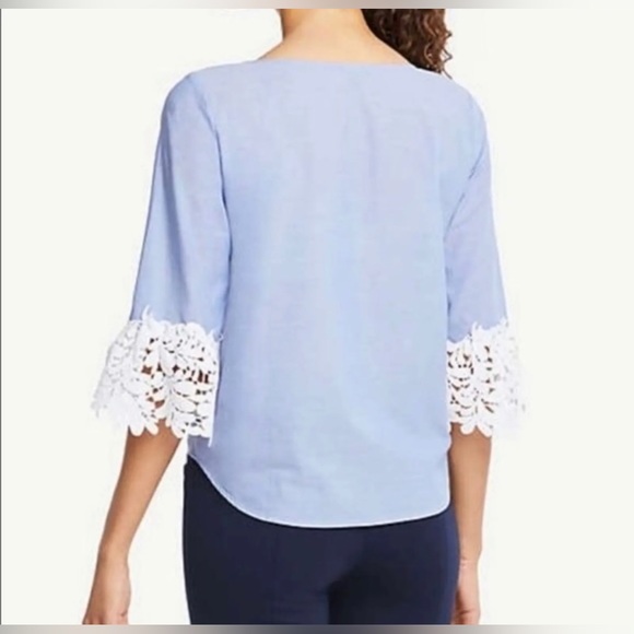 Anne Taylor Light Blue Blouse 3/4 Sleeves White Lace Cuffs  - S - Picture 2 of 7